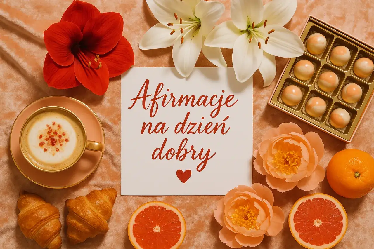 Kawa, croissanty, kwiaty i słodkości. Karta z napisem "Afirmacje na dzień dobry" inspiruje kobiety do pozytywnego myślenia.