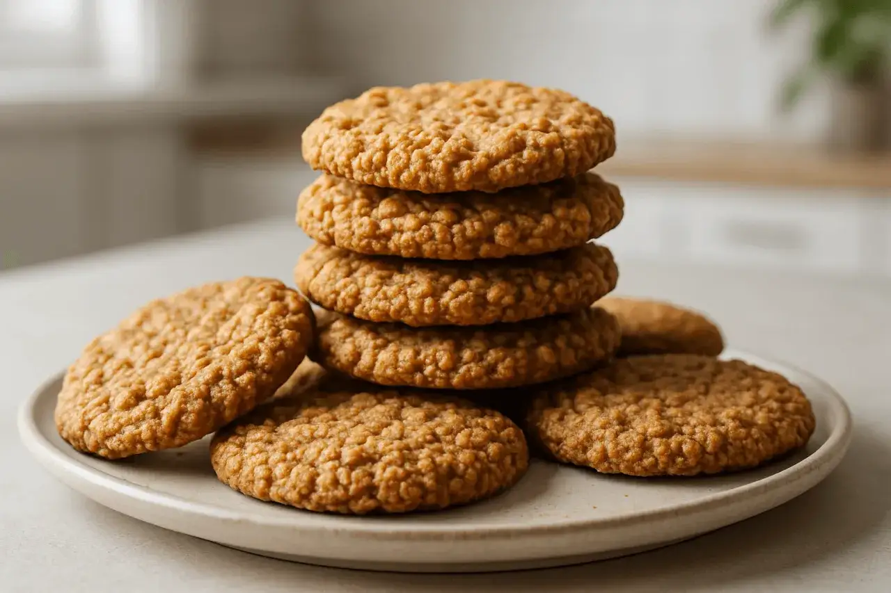 Stos ciasteczek owsianych na talerzu. Idealne do kawy, jako zdrowy przepis na ciasteczka.