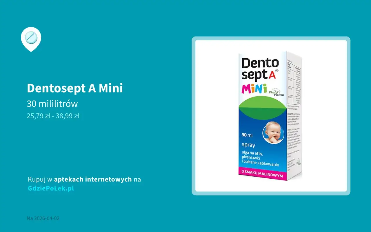 Dentosept A Mini spray na afty i bolesne ząbkowanie, 30 ml. Od jakiego wieku można stosować? Sprawdź na GdziePoLek.pl.