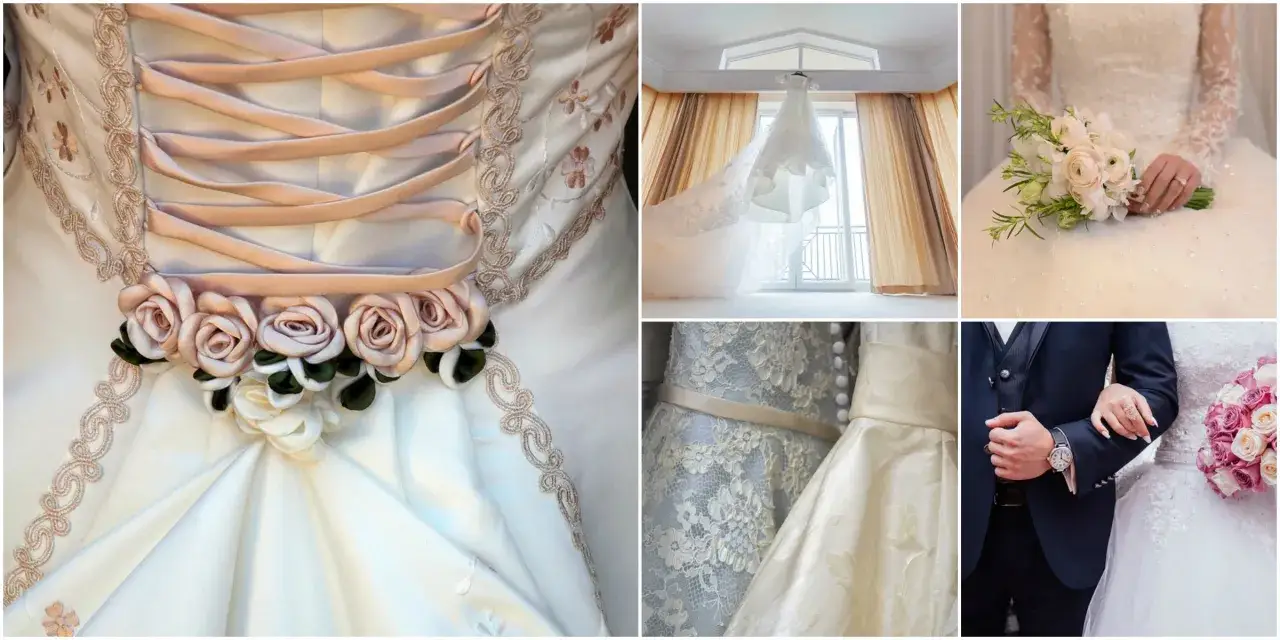 Kolaż zdjęć sukni ślubnych: detale gorsetu, suknia w oknie, bukiet, pary młode.