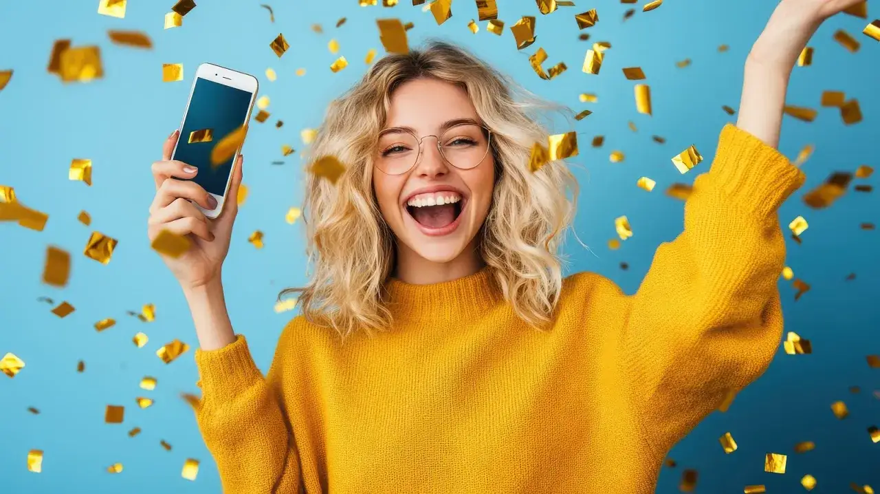 Kobieta z telefonem w ręku, otoczona złotym konfetti, cieszy się z wygranej.