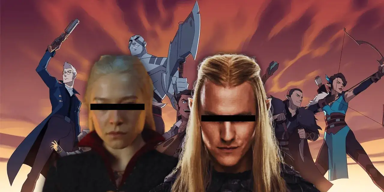 Legenda Vox Machiny: postacie z serialu animowanego i fragmenty twarzy aktorów, tworzące epicką wizję.