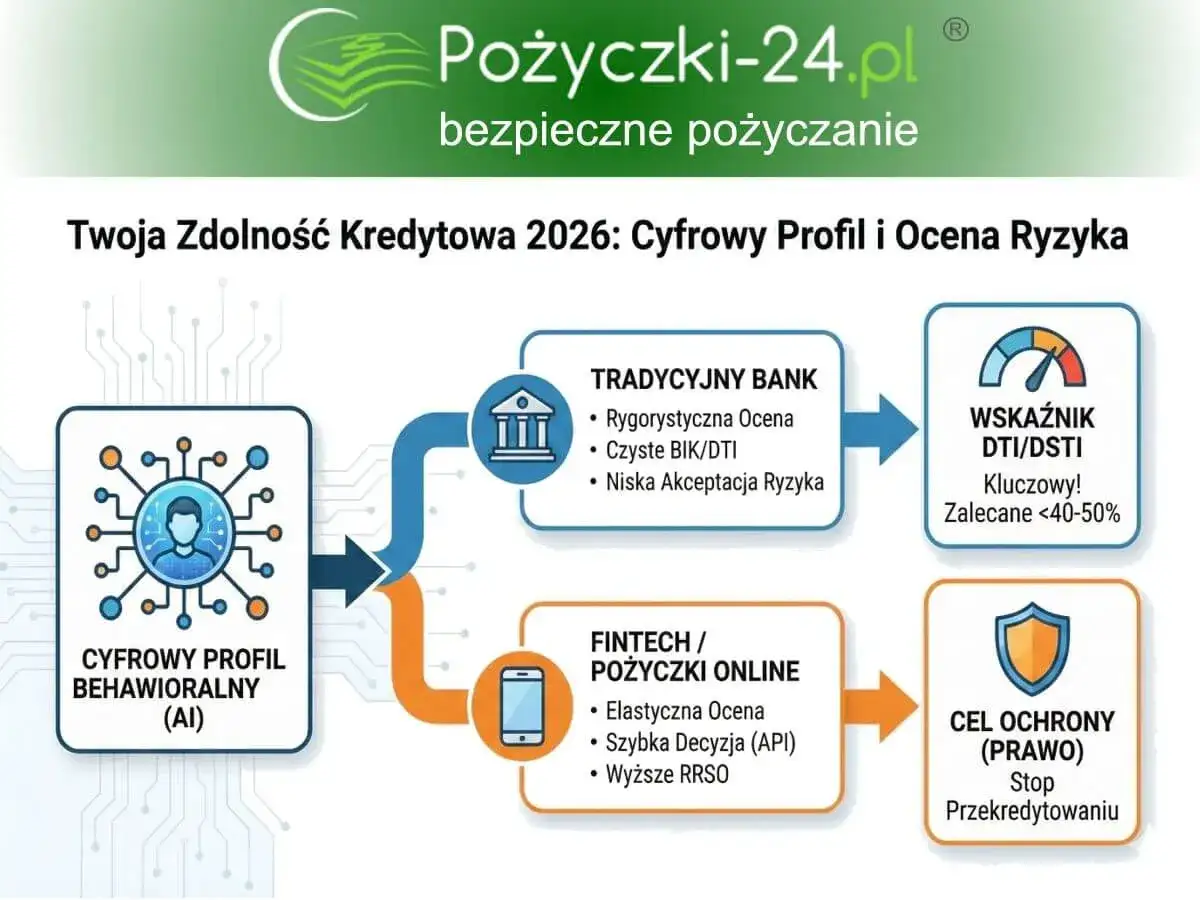 Schemat porównujący tradycyjny bank i fintech pod kątem oceny zdolności kredytowej i ryzyka.