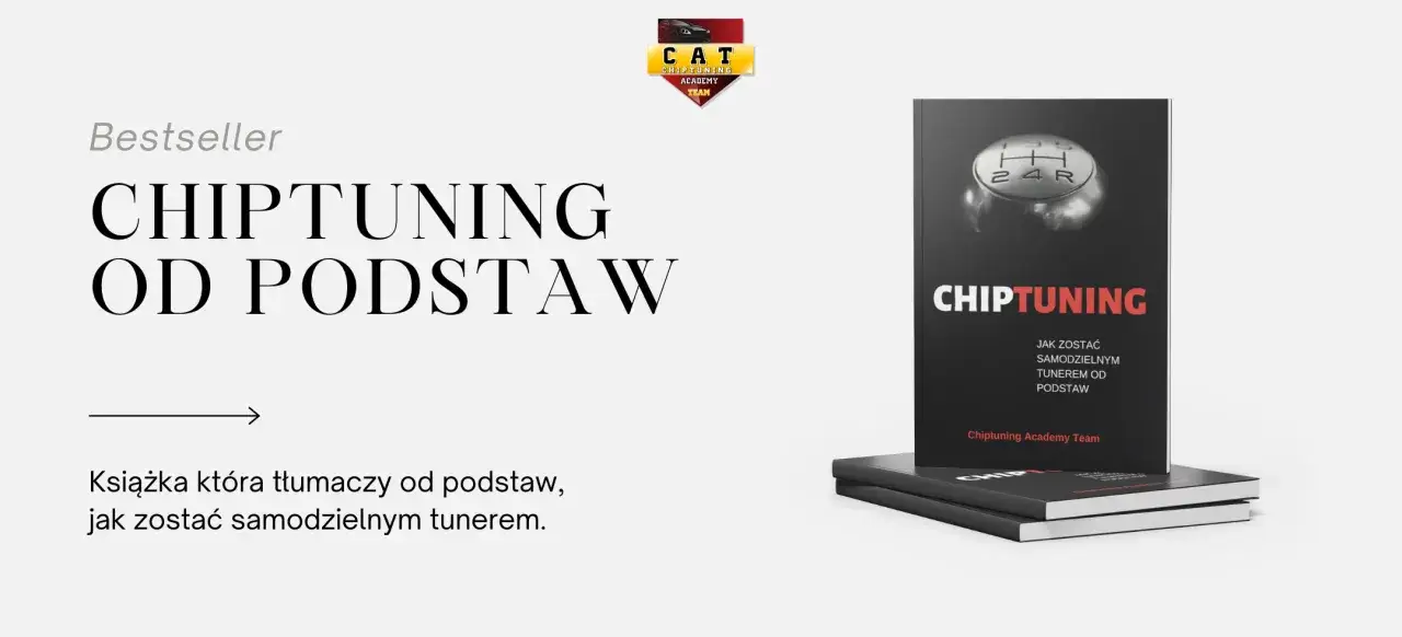 Okładka książki "Chiptuning od podstaw" z dźwignią zmiany biegów i logo akademii.