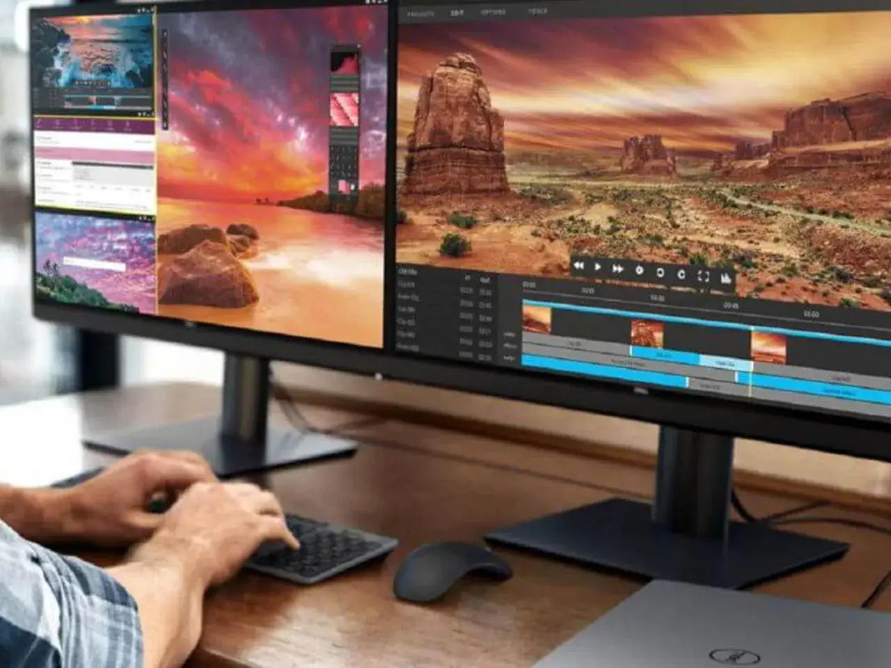 Dwie monitory wyświetlające edycję wideo i krajobraz.