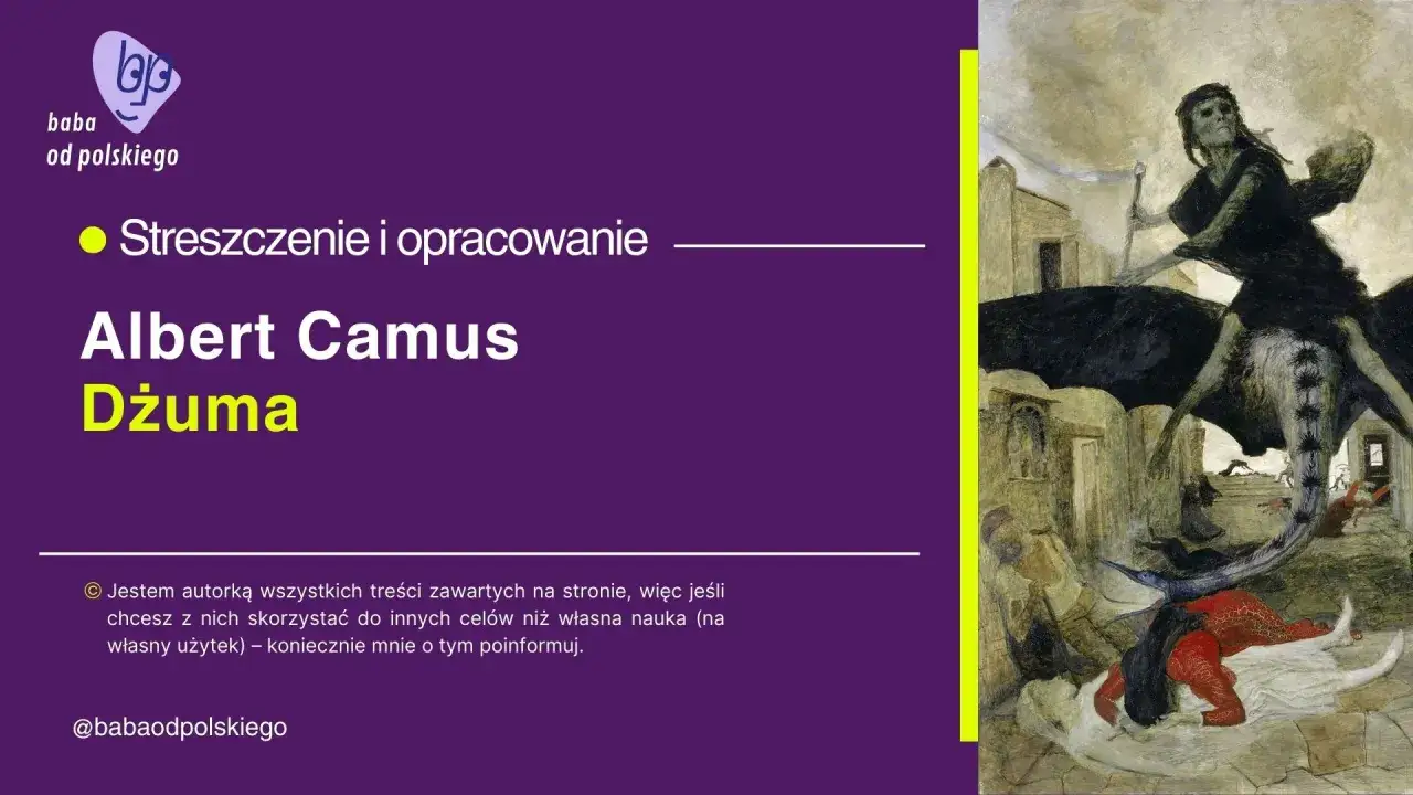 Mroczny obraz przedstawiający postać Śmierci na koniu, z kosą, nad leżącymi ludźmi.