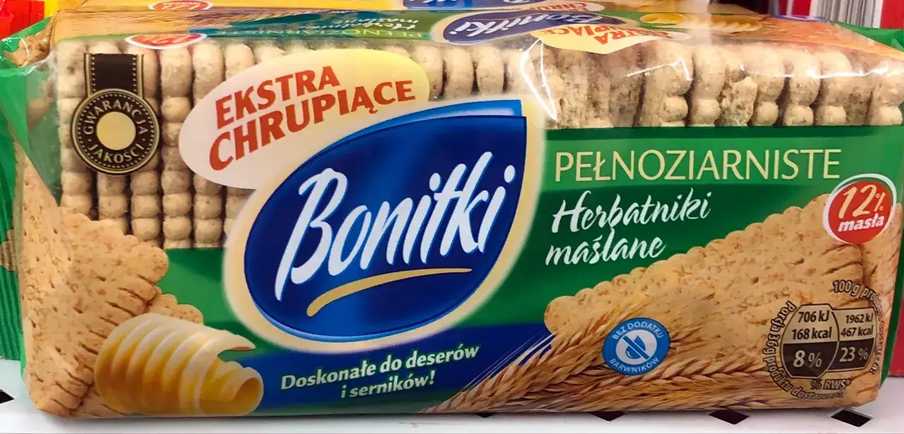Pełnoziarniste herbatniki maślane Bonitki. Czy herbatniki są zdrowe? Te są "ekstra chrupiące" i "bez dodatku barwników".