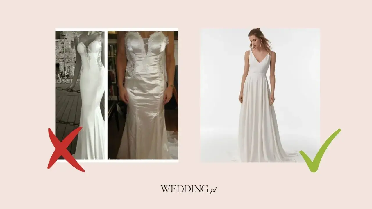 Dwie suknie ślubne z czerwonym krzyżykiem i jedna z zielonym zaznaczeniem.