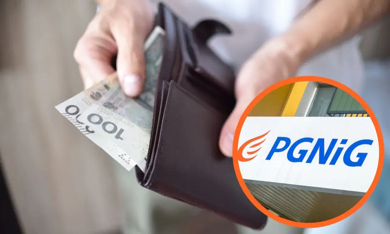 Dłonie wkładają banknot 100 zł do portfela, obok logo PGNiG.