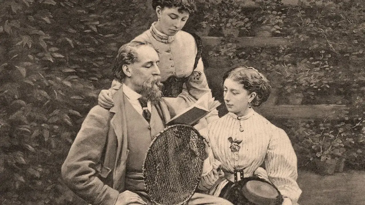 Charles Dickens z córkami w ogrodzie. Widać tu jego zamiłowanie do literatury i rodzinnych chwil, które inspirowały jego dzieła, w tym opowieści o dzieciach.