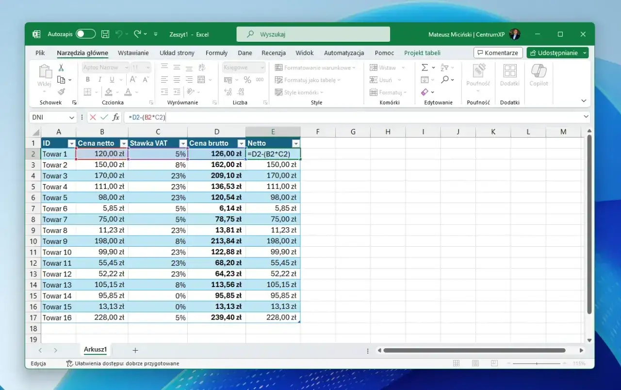 Jak obliczyć brutto w Excelu - prosta formuła na VAT bez błędów