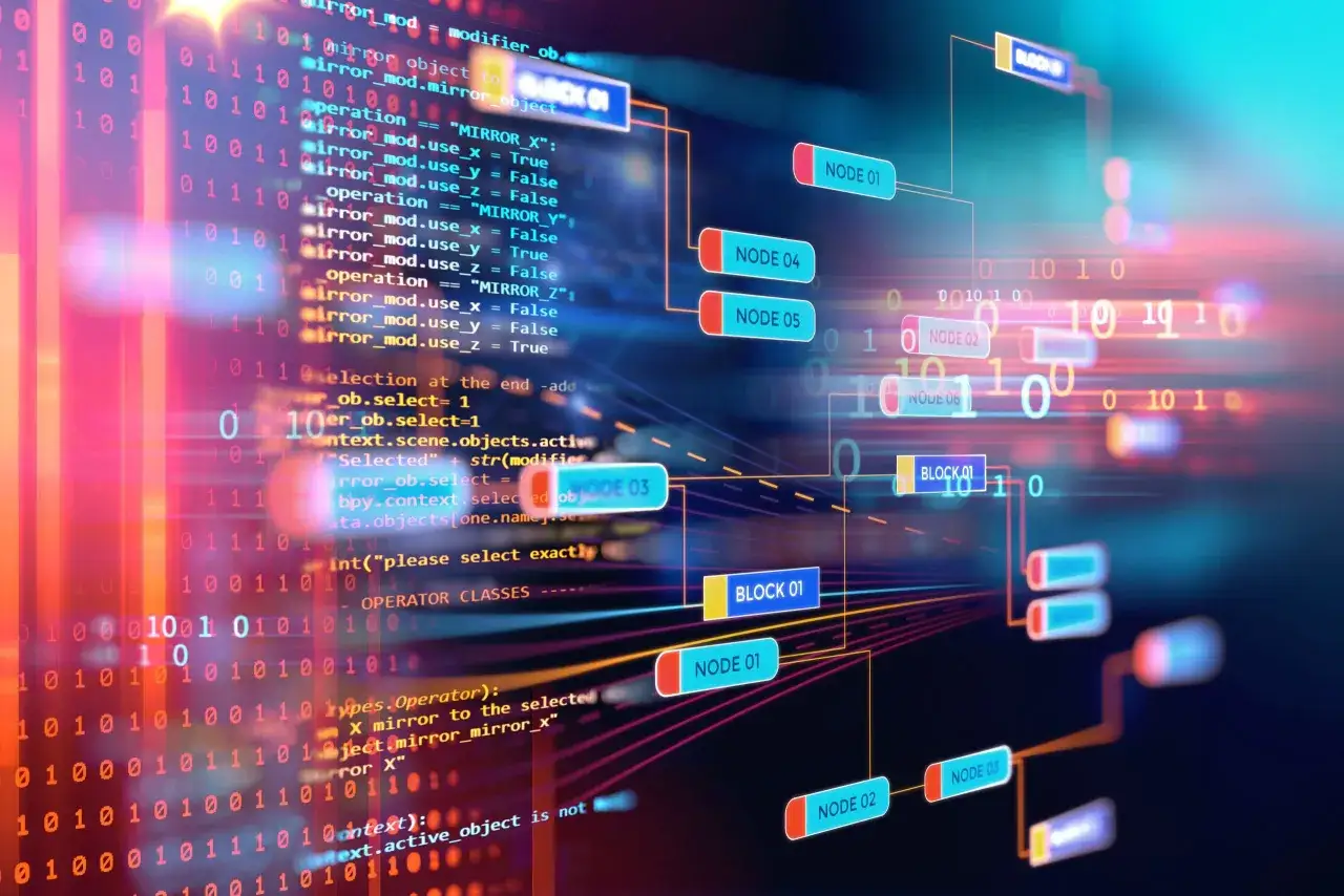 Cyfrowy kod binarny i schemat blokowy z węzłami i blokami, symbolizujące język komputerów.