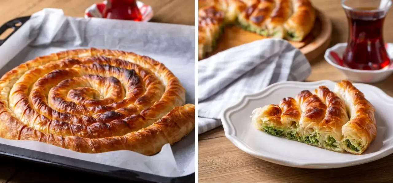 Złociste, pieczone słodkości z Czarnogóry, przypominające zawijane ciasto filo z nadzieniem, podane na talerzu i w blaszce.