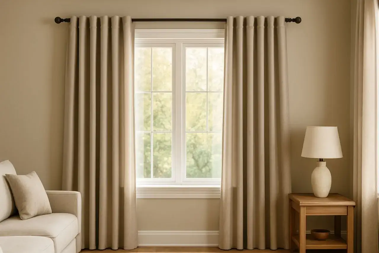 Jasne zasłony wiszą na karniszu, który jest zamontowany blisko sufitu, tworząc wrażenie większej przestrzeni.