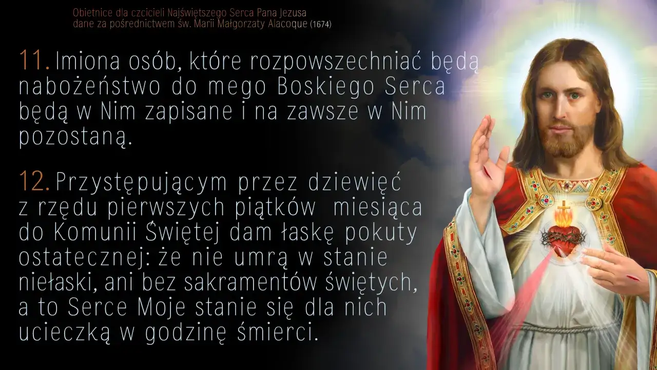 Obietnice dla czcicieli Najświętszego Serca Pana Jezusa. Wizerunek Jezusa z otwartym Sercem, obok tekst obietnic, m.in. o łasce pokuty ostatecznej.