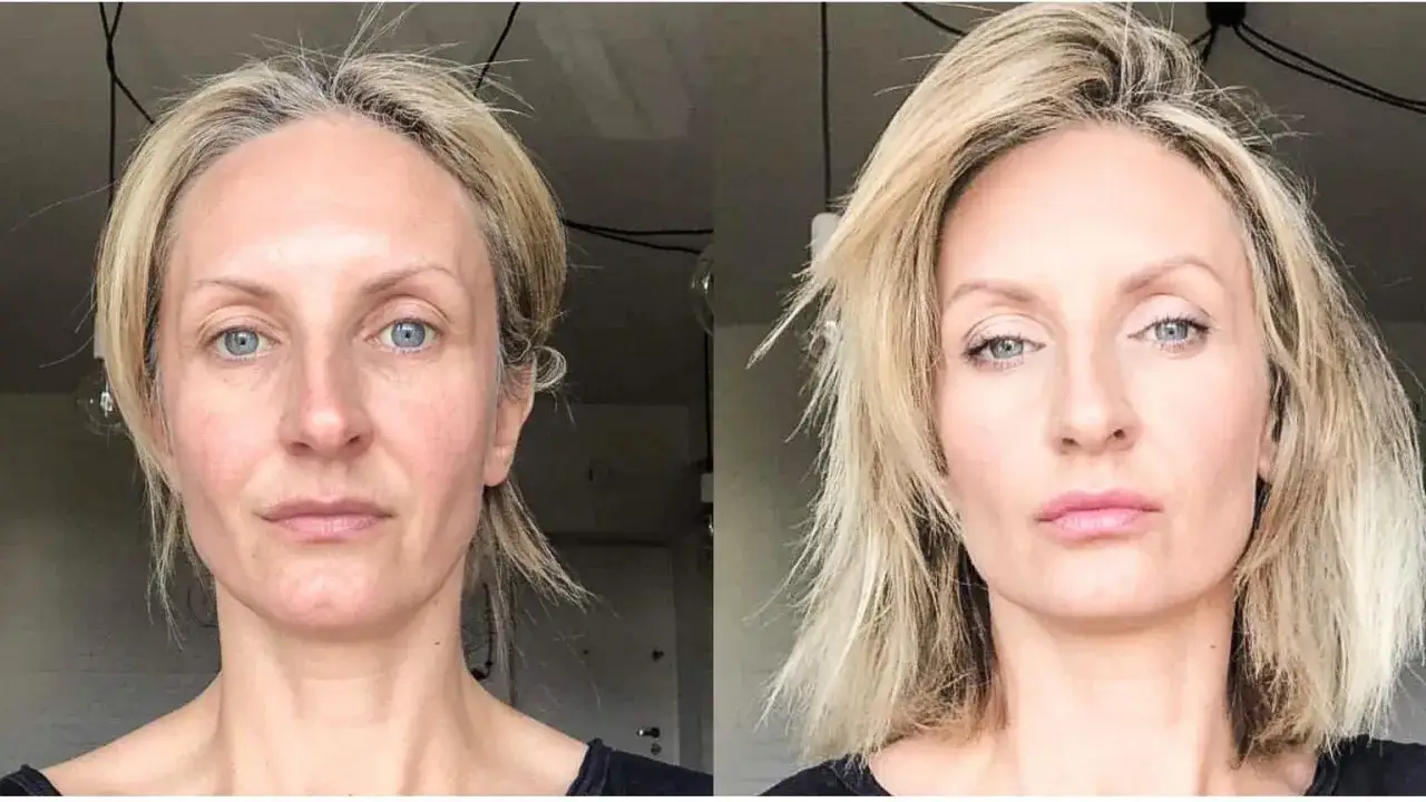 Porównanie twarzy 40-latki przed i po makijażu. Po prawej stronie widać, jak powinna wyglądać twarz 40-latki z subtelnym podkreśleniem urody.