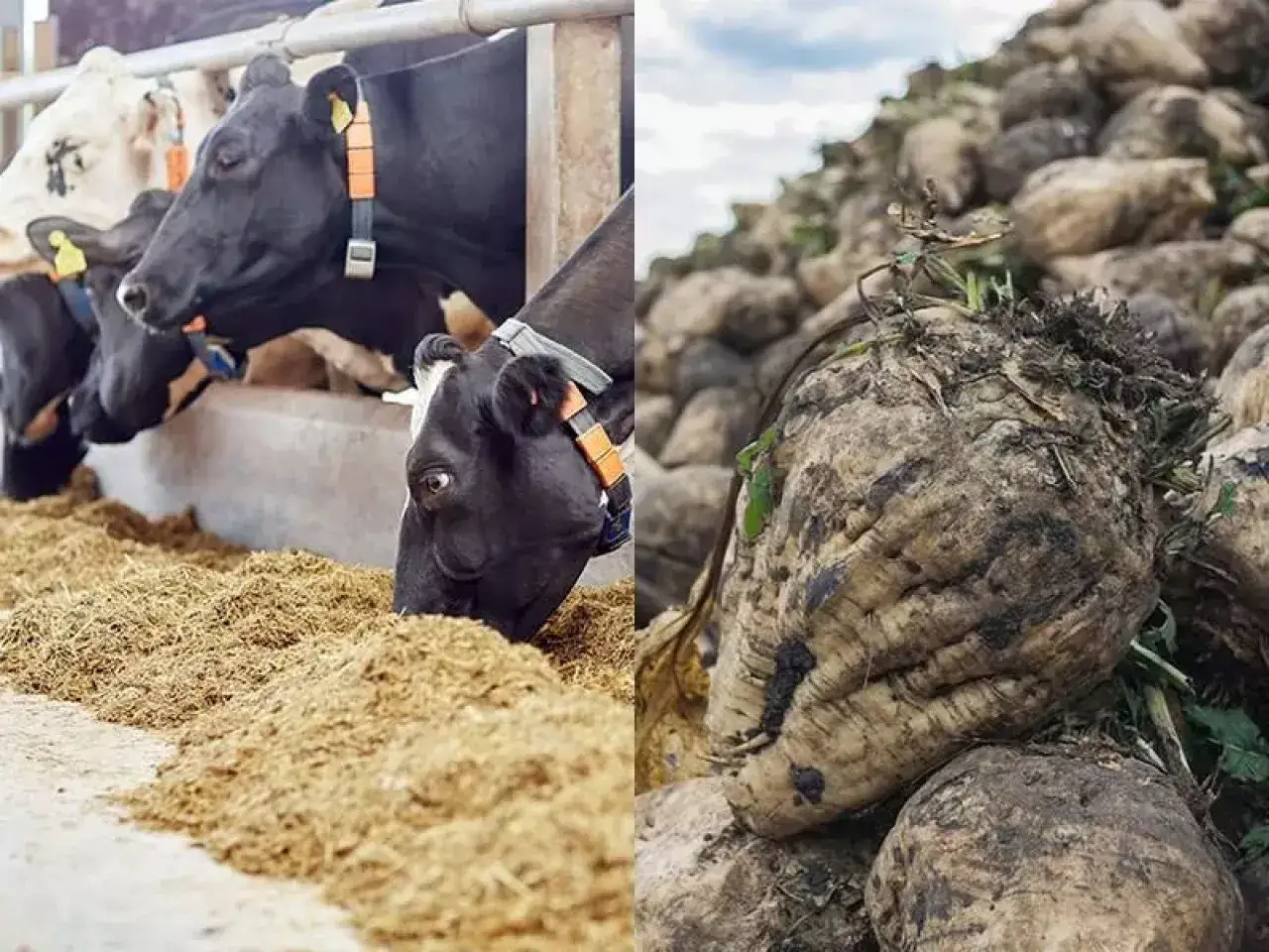 Krowy mleczne jedzą wysłodki buraczane mokre. Obok stos świeżych buraków, z których powstaje pasza.