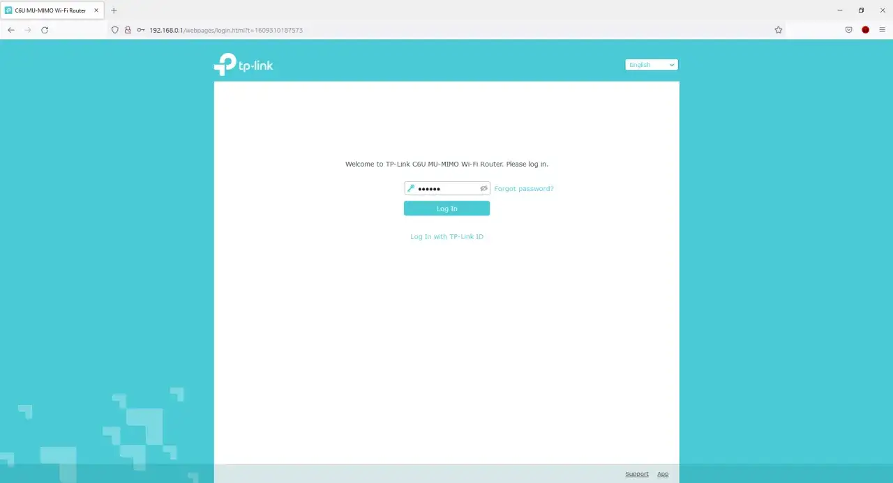 Ekran logowania routera TP-Link C6U MU-MIMO Wi-Fi. Tu zaczynasz, by dowiedzieć się, jak zaktualizować router TP-Link.