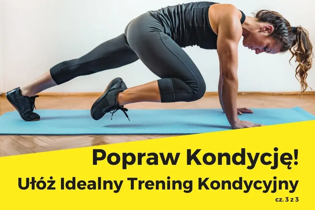 Kobieta wykonuje ćwiczenie "mountain climber" na macie. To świetny przykład treningu interwałowego, który poprawia kondycję.
