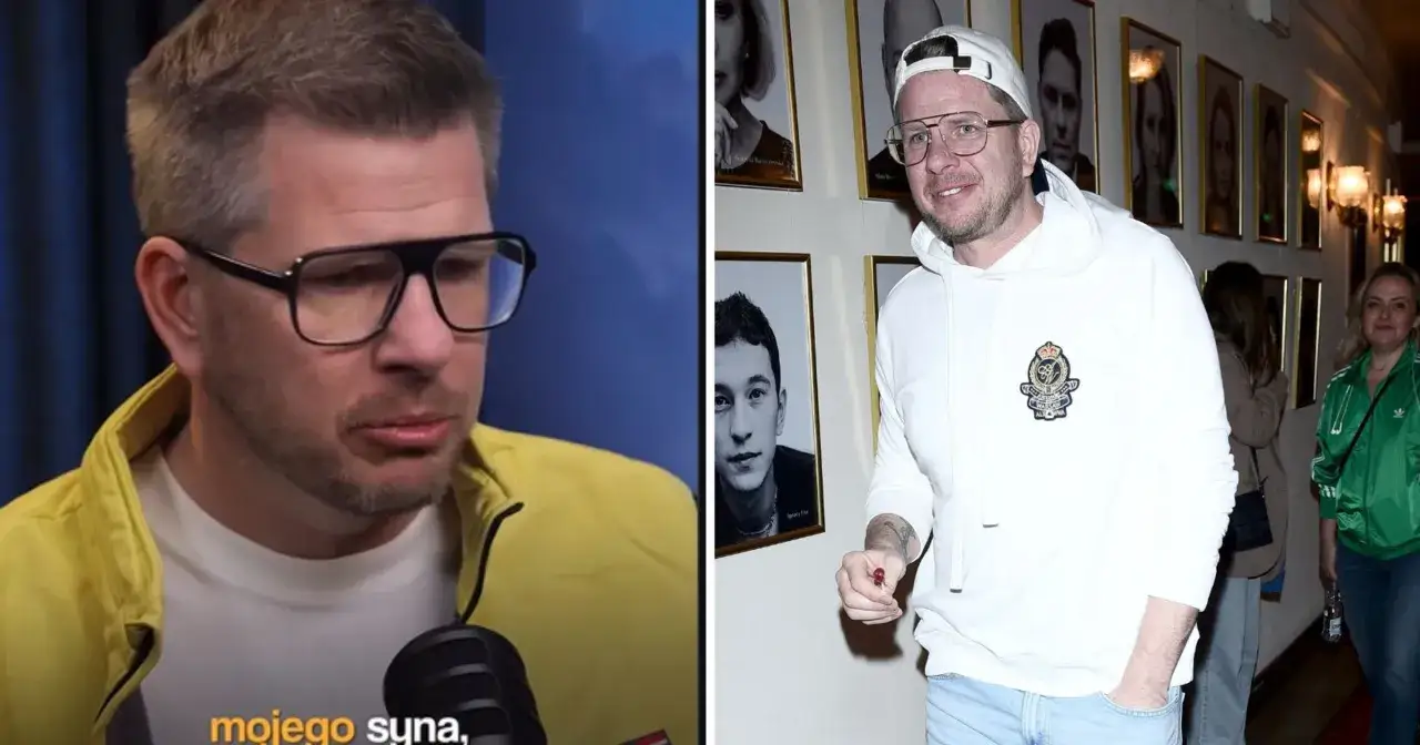 Chajzer w żółtej kurtce i w białej bluzie z czapką. Czy Chajzer ma dzieci? Na zdjęciu widać też portrety.