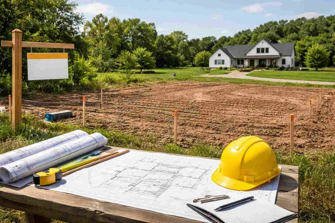 Plany domu na dużej działce pod budowę. Na stole leżą projekty, miarka i żółty kask. W tle widać przygotowany teren i dom.