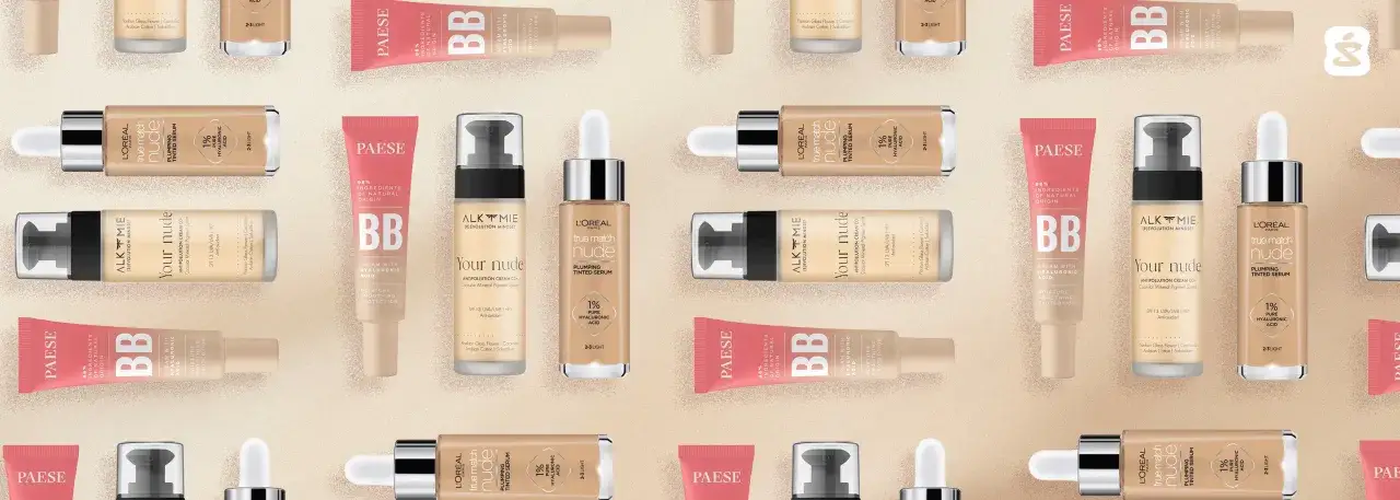 Wzór kosmetyków BB: tubki i buteleczki z pipetą i pompką.