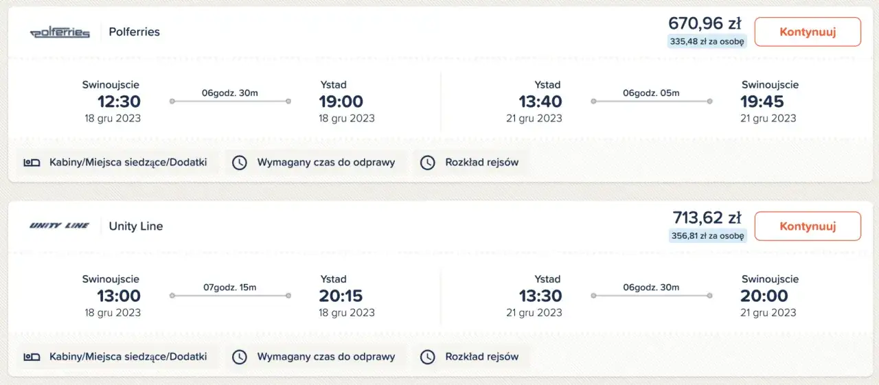 Rezerwacja promu Świnoujście Ystad. Dostępne połączenia Polferries i Unity Line z różnymi godzinami wypłynięcia i przybycia.