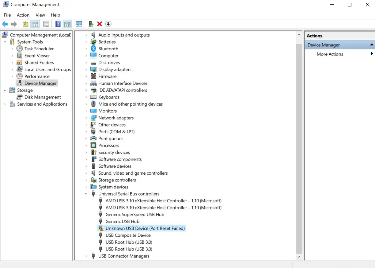 Menedżer urządzeń: nie rozpoznano urządzenia USB. Błąd resetowania portu.