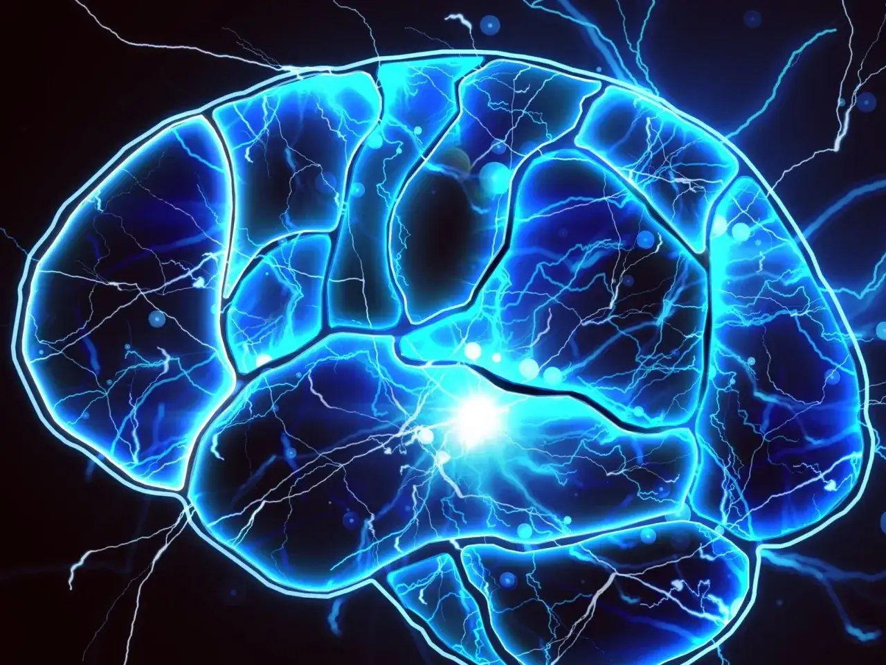 Błękitny mózg z błyskawicami i jasnym punktem w centrum.