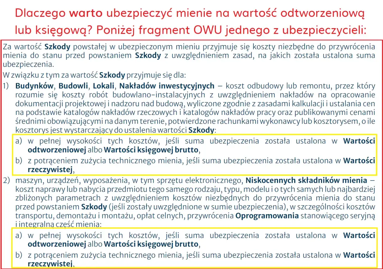 Fragment OWU wyjaśnia, jak ustalana jest wartość szkody w ubezpieczeniu lokalu użytkowego, uwzględniając koszty odbudowy lub remontu.