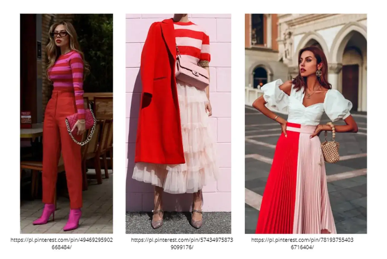 Stylizacje z różem i czerwienią. Ciemny róż świetnie komponuje się z intensywną czerwienią, tworząc odważne i modne zestawy.