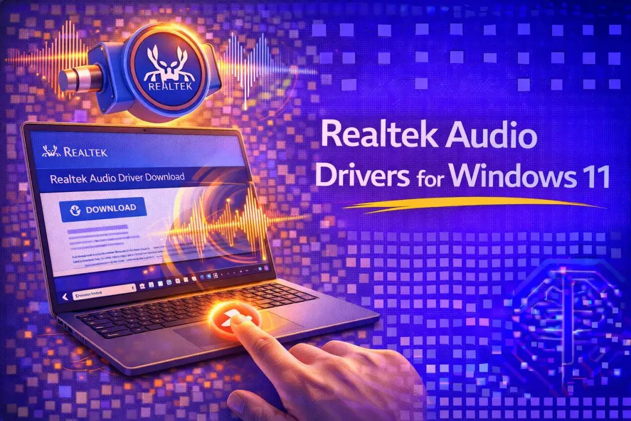 Jak uaktualnić sterowniki Realtek Audio na Windows 11? Laptop z otwartą stroną pobierania sterowników i ikoną Realtek.