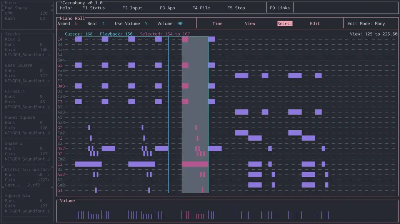 Sekwencer muzyczny "Cacophony" z piano roll, gdzie widać kolorowe bloki nut. To jest kakofonia dźwięków, które można edytować.