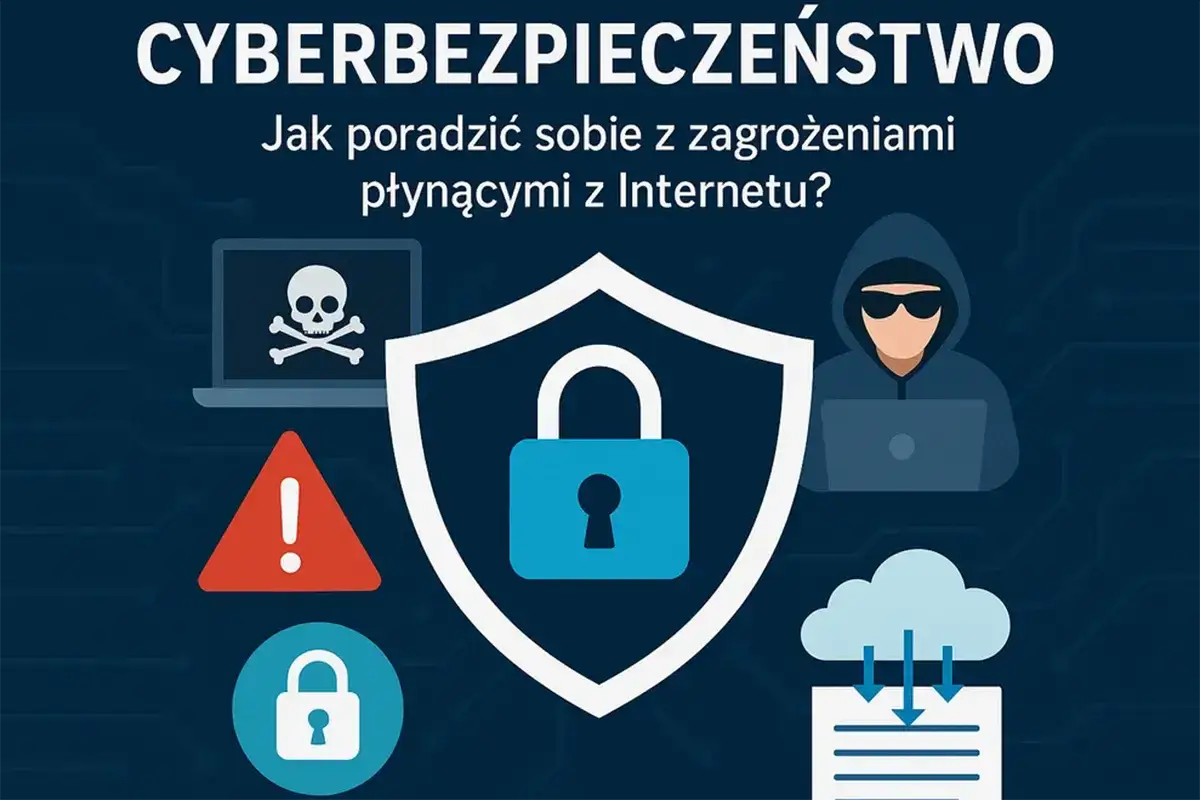Grafika ilustruje cyberbezpieczeństwo: definicja ochrony przed zagrożeniami online, z ikonami blokady, czaszki i ostrzeżenia.