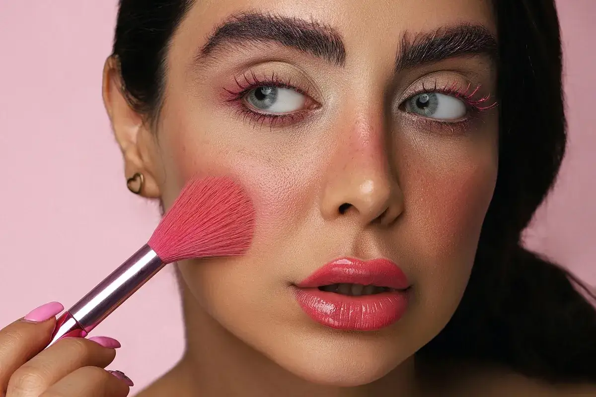 Różowy rumieniec na policzkach, różowe rzęsy i błyszczące usta. Pędzel do makijażu rozprowadza kolejne odcienie różu.