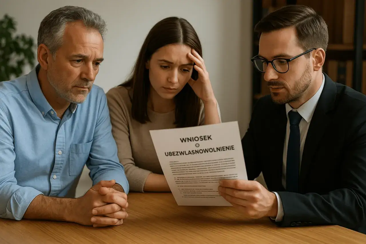 Rodzina z prawnikiem analizuje dokument dotyczący ubezwłasnowolnienia, co może wpłynąć na ich zdolność do czynności prawnych.