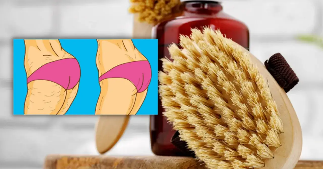 Ilustracja porównująca uda z cellulitem i bez, obok szczotka do masażu i butelka z płynem.