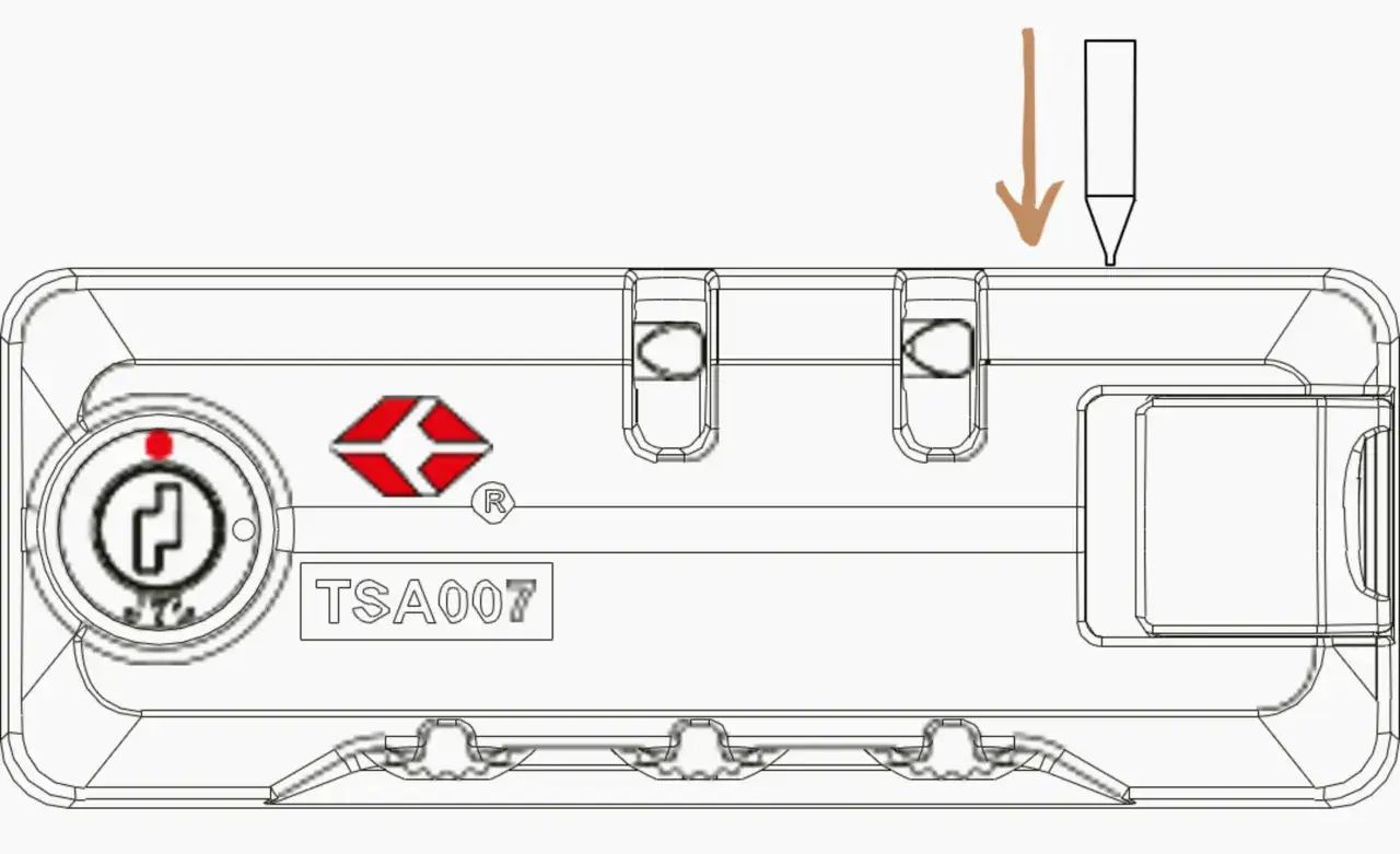 Schemat blokady TSA na walizce Samsonite. Strzałka wskazuje miejsce, gdzie należy włożyć klucz, aby otworzyć walizkę.