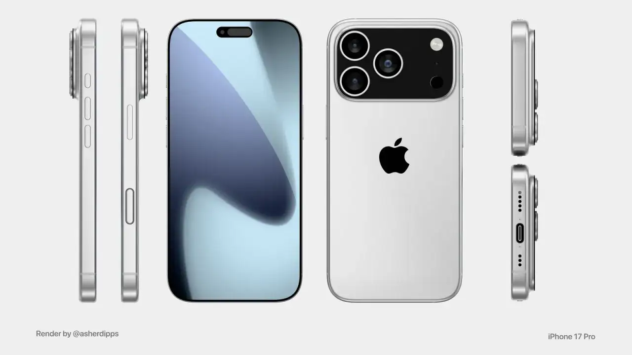 Render iPhone'a 17 Pro w kolorze srebrnym, pokazujący jego design z każdej strony. Kiedy premiera?