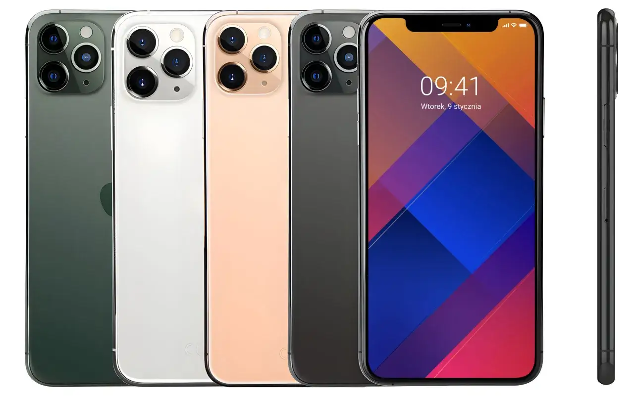 Cztery iPhone'y 11 w kolorach zielonym, białym, różowym i szarym, z trzema aparatami z tyłu. Obok jeden telefon z włączonym ekranem.