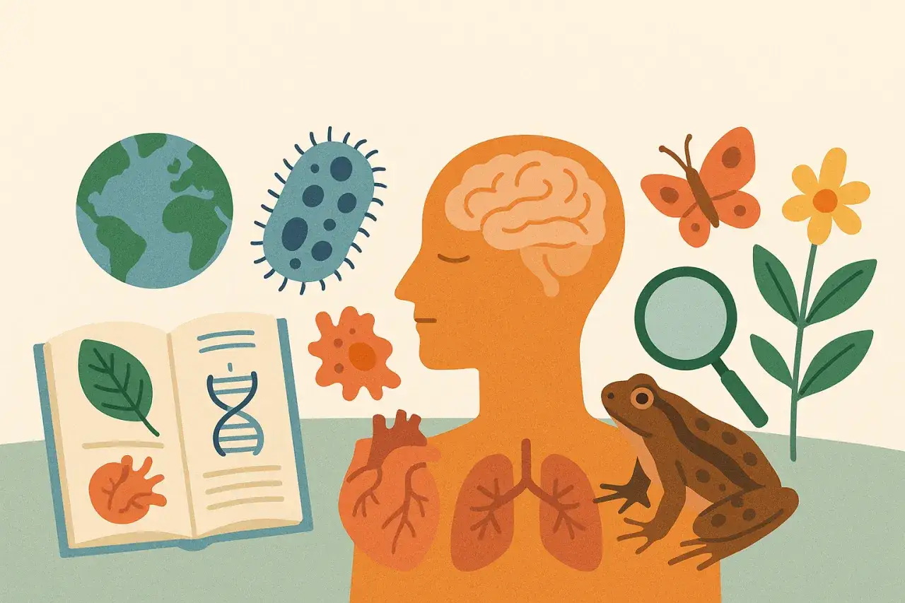 Ilustracja przedstawia elementy biologii: Ziemię, bakterie, ludzki mózg, serce, płuca, żabę, motyla, kwiat, lupę i otwartą książkę z liściem i DNA. Czy biologia to przedmiot ścisły?