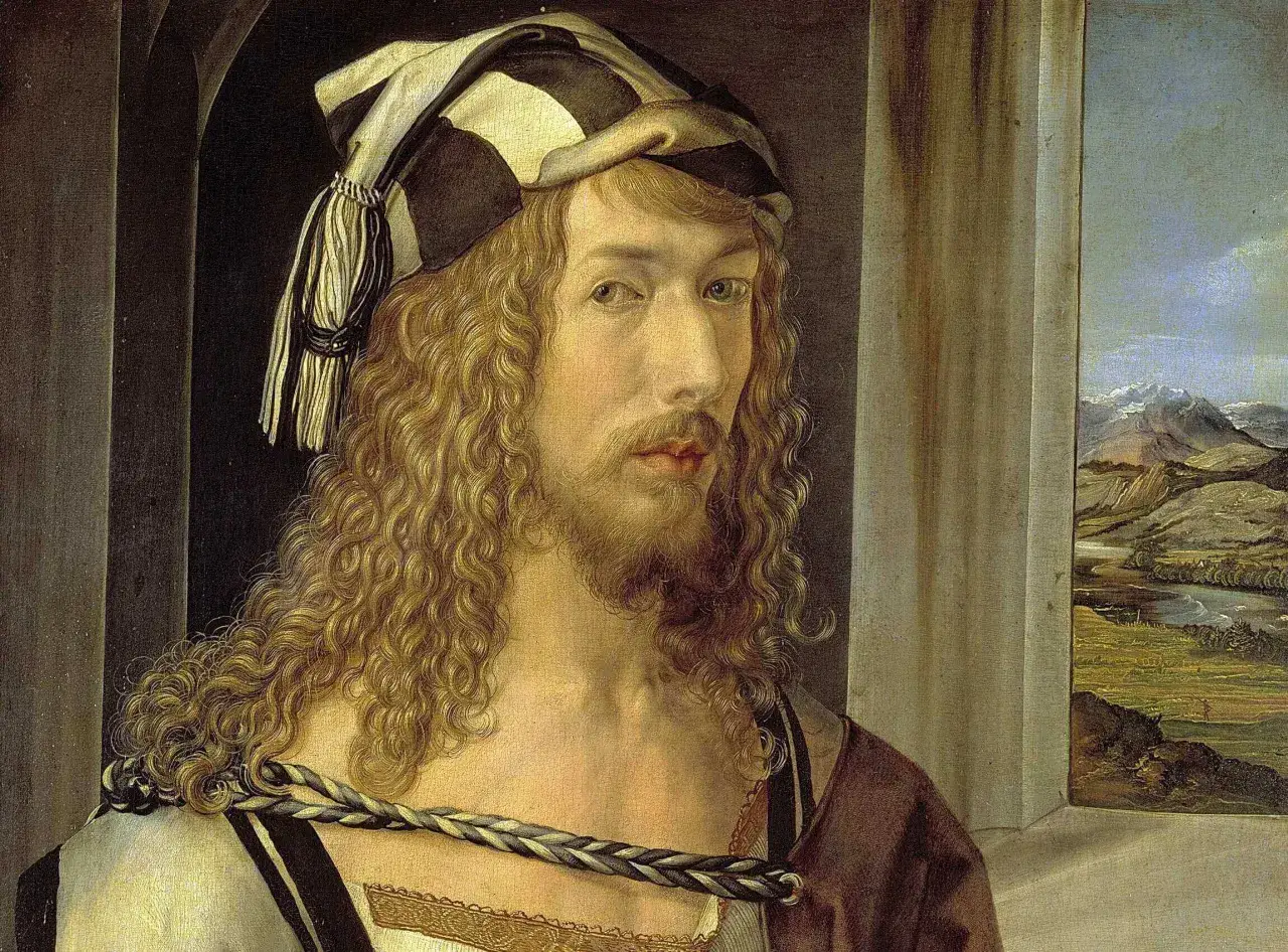 Portret młodego mężczyzny z kręconymi włosami i brodą, w ozdobnym nakryciu głowy. Obraz jednego z znanych malarzy, ukazujący krajobraz w tle.