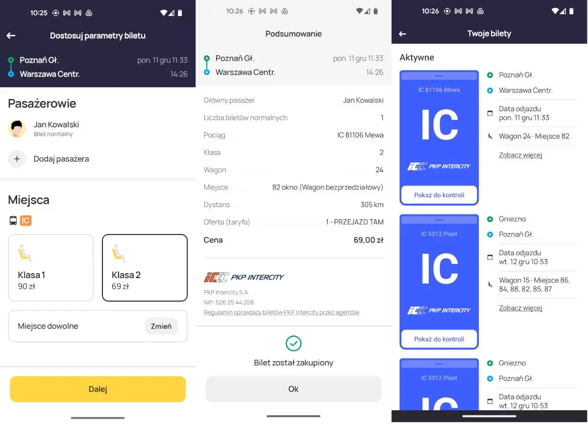 Aplikacja PKP Intercity pokazuje, jak czytać bilet: trasę Poznań-Warszawa, pasażera, wagon 24, miejsce 82, cenę 69 zł.