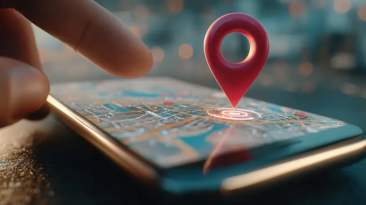 Palec wskazuje na mapę na ekranie telefonu, gdzie czerwony pinezka symbolizuje lokalizację. Dowiedz się, jak włączyć lokalizację w telefonie.