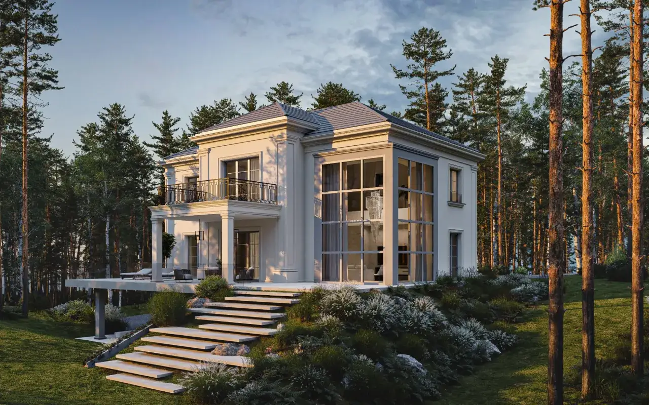 Elegancki dom w stylu klasycznym otoczony lasem. Długie schody prowadzą do tarasu z widokiem na zieleń.