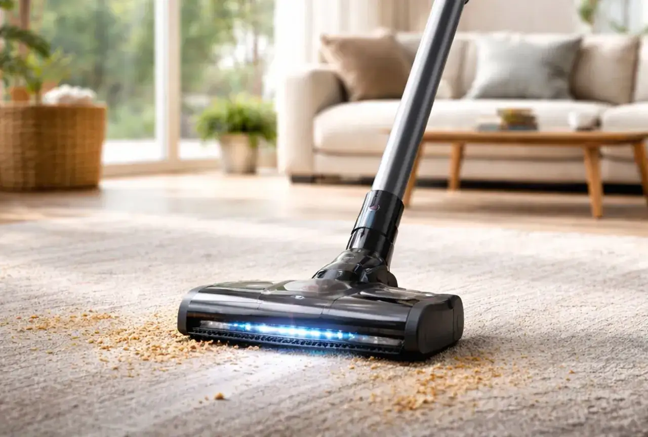 Odkurzacz pionowy z wymienną baterią zbiera okruchy z dywanu. Idealny do sprzątania, jak w rankingu najlepsze odkurzacze pionowe.