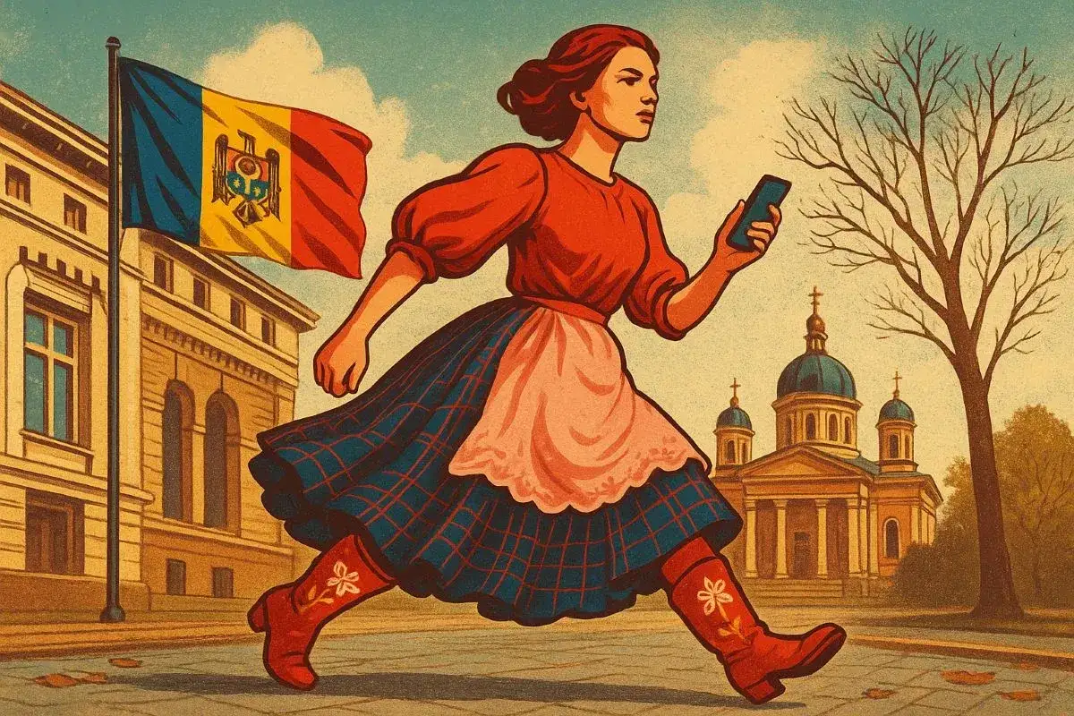 Kobieta w tradycyjnym stroju biegnie z telefonem, obok flagi Mołdawii. Obraz symbolizuje nadzieję na lepszą przyszłość, mimo trudności i biedy w Mołdawii.