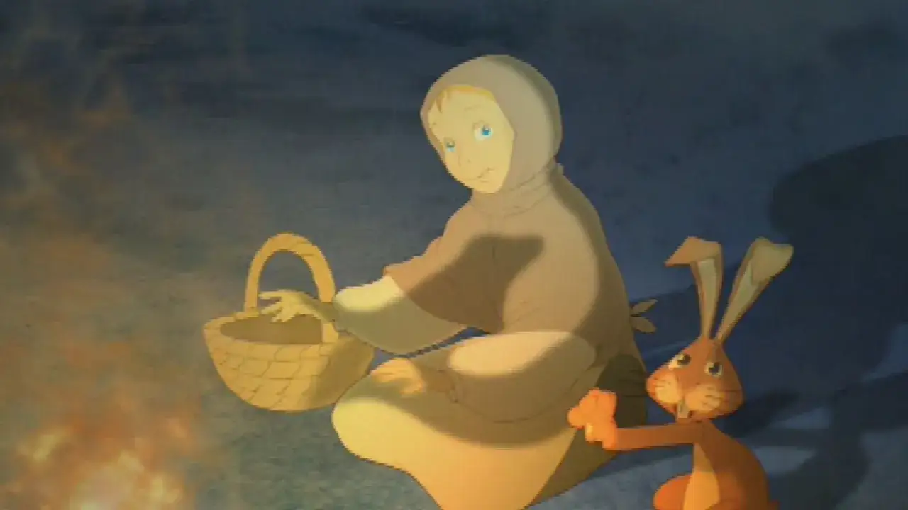 Dziewczynka w kapturze siedzi przy ognisku z koszykiem, obok niej siedzi królik.