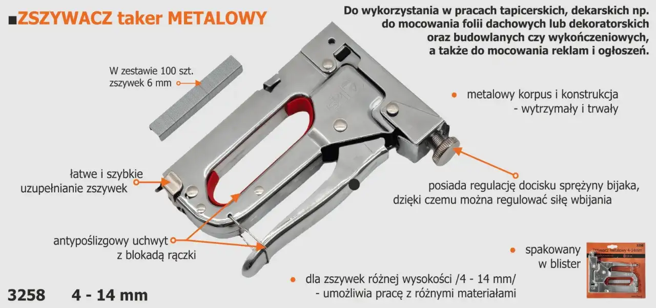 Metalowy zszywacz z regulacją docisku, antypoślizgowym uchwytem i łatwym uzupełnianiem zszywek. Idealny do prac budowlanych i tapicerskich.