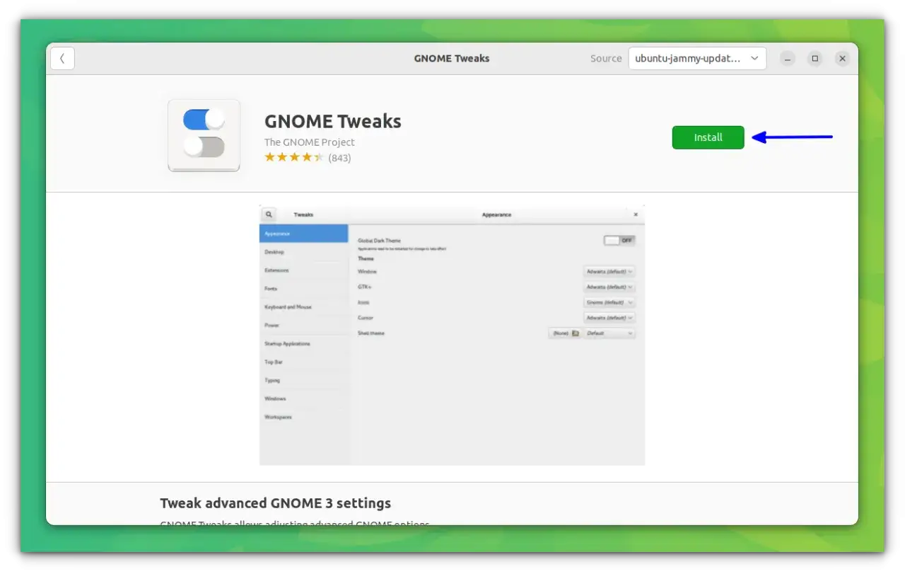 Okno aplikacji GNOME Tweaks, gotowe do instalacji. Pozwala na zaawansowane dostosowanie ustawień GNOME.
